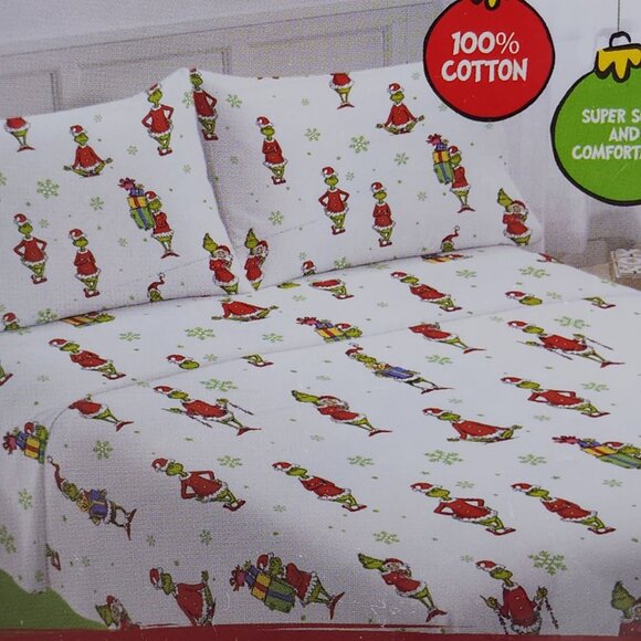 Dr. Seuss The Grinch 4-Piece Flannel King Sheet Set 100% Cotton Soft Comfortable - Picture 9 of 11
